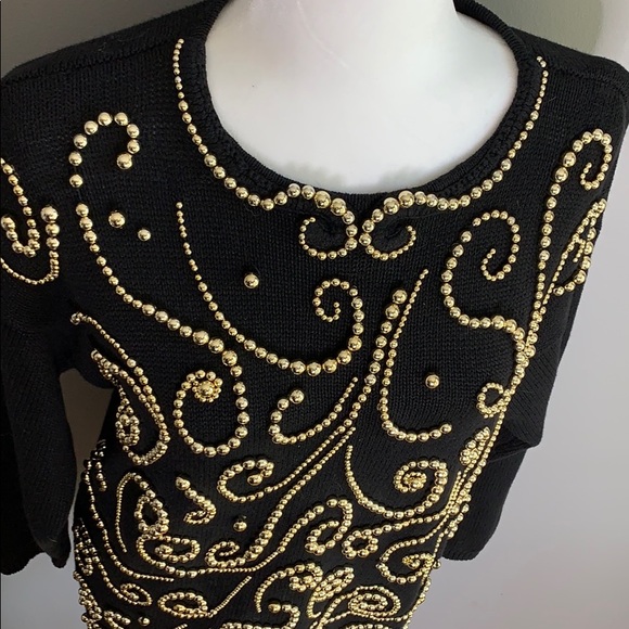 Vintage Black Gold Beaded Embellished Sweater - Picture 4 of 7